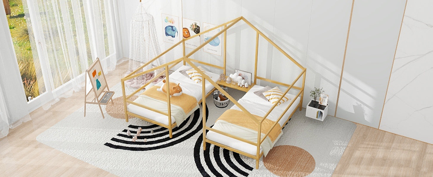 Metal Double Twin Size Triangular House Beds With Built In Table, Gold Box Spring Not Required Twin Gold Metal Metal