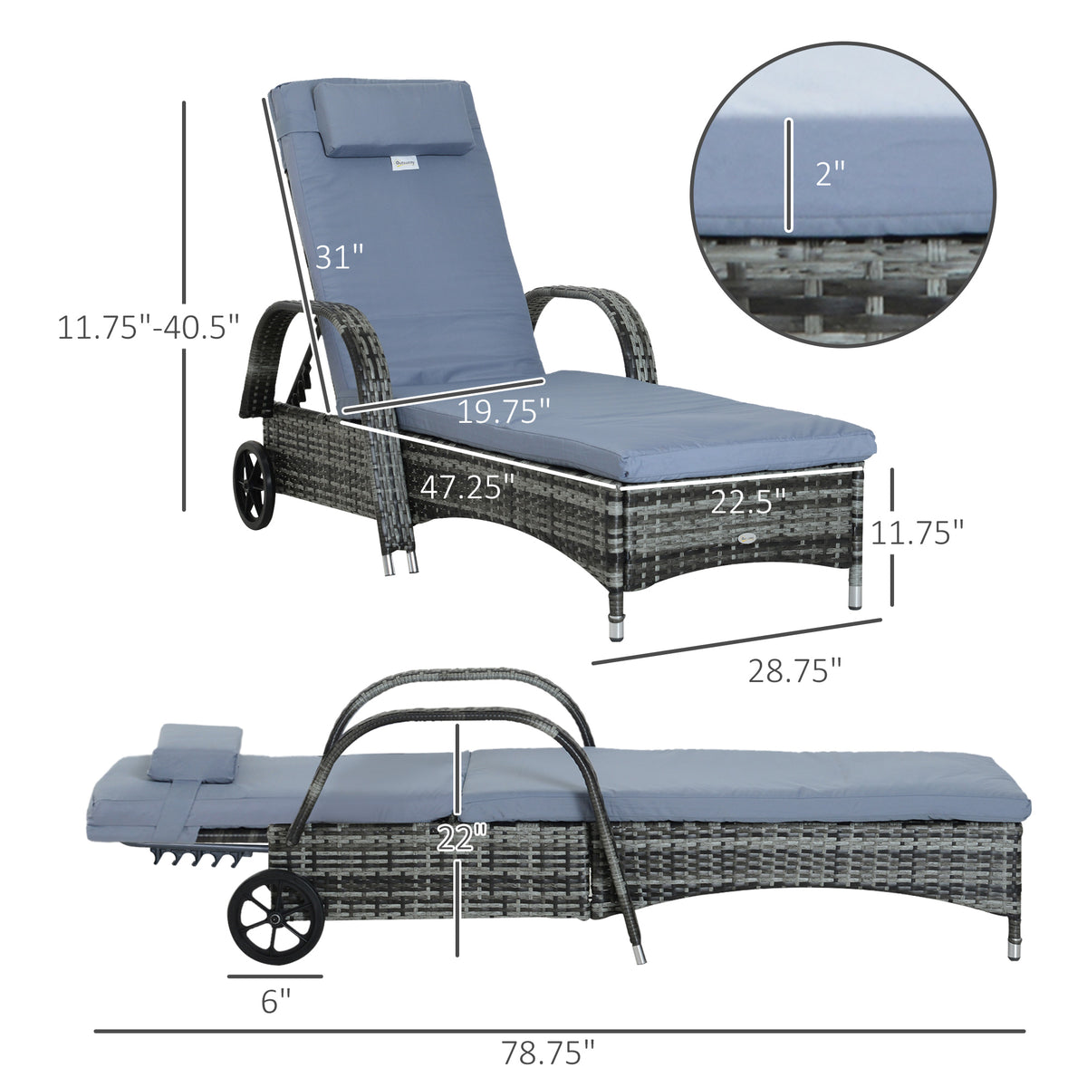 Outsunny Wicker Outdoor Chaise Lounge, 5 Level Adjustable Backrest Pe Rattan Pool Lounge Chair With Wheels, Cushion & Headrest, Mixed Gray And Gray Multicolor Rattan