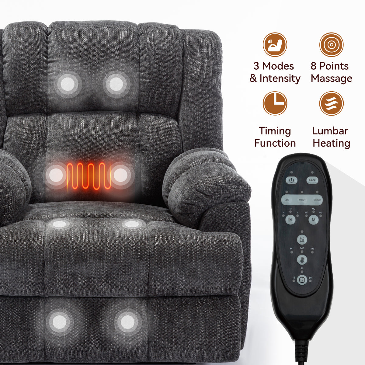 Dual Motor Heat Massage Infinite Position Up To 350 Lbs Electric Power Lift Recliners With Power Remote, Medium Firm And Heavy Duty, Grey White Metal Primary Living Space Heavy Duty Pine Grey Chenille Power Remote Medium Firm Cushion Back American Design