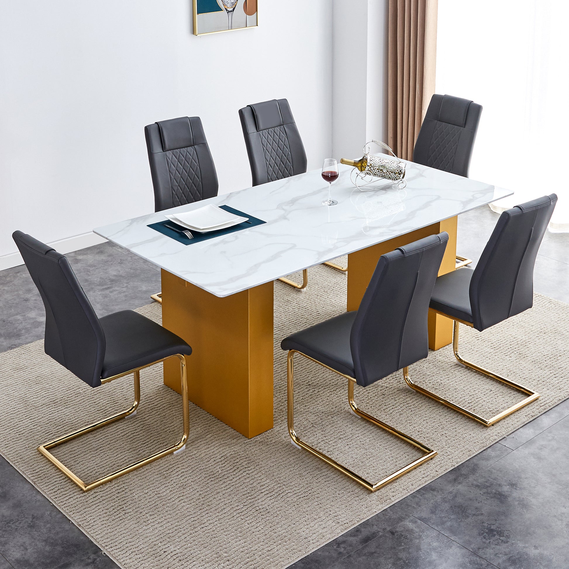 Large Modern Rectangular Table With 0.4 Inch Patterned Tabletop And Large Mdf Table Legs, Suitable For Kitchen, Dining Room, And Living Room 71 "* 35.4" * 30 " 1546 Gold Mdf Glass