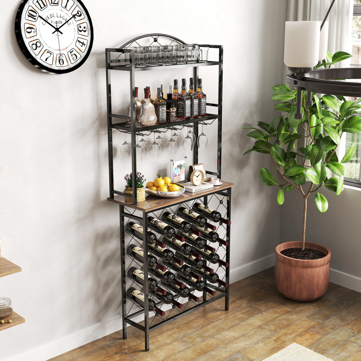 Industrial Wine Rack Bar Table, 3 Tier Liquor Bottle And Glass Holder With Storage Shelves, Metal And Wood Wine Organizer For Home Kitchen, Dining Room, And Living Room Black Brown Kitchen American