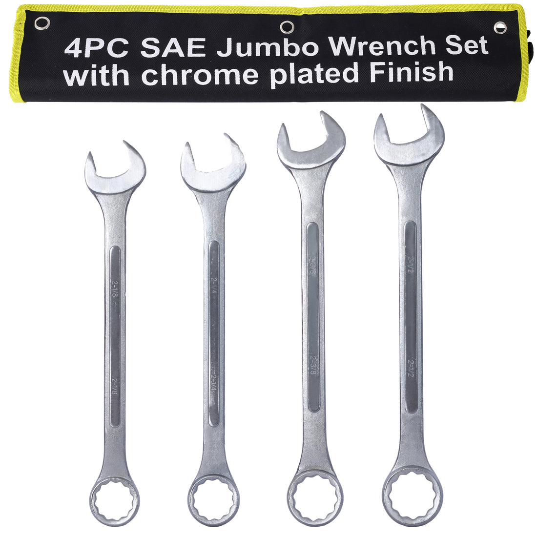 Sae Jumbo Combination Wrench Set Extra Large, 4 Piece ,Storage Bag Included Chrome Plated Chrome Carbon Steel