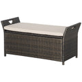 Outsunny 27 Gallon Patio Wicker Storage Bench, Outdoor Pe Rattan Patio Furniture, 2 In 1 Large Capacity Rectangle Garden Storage Box With Handles And Cushion, Cream White Brown White Steel