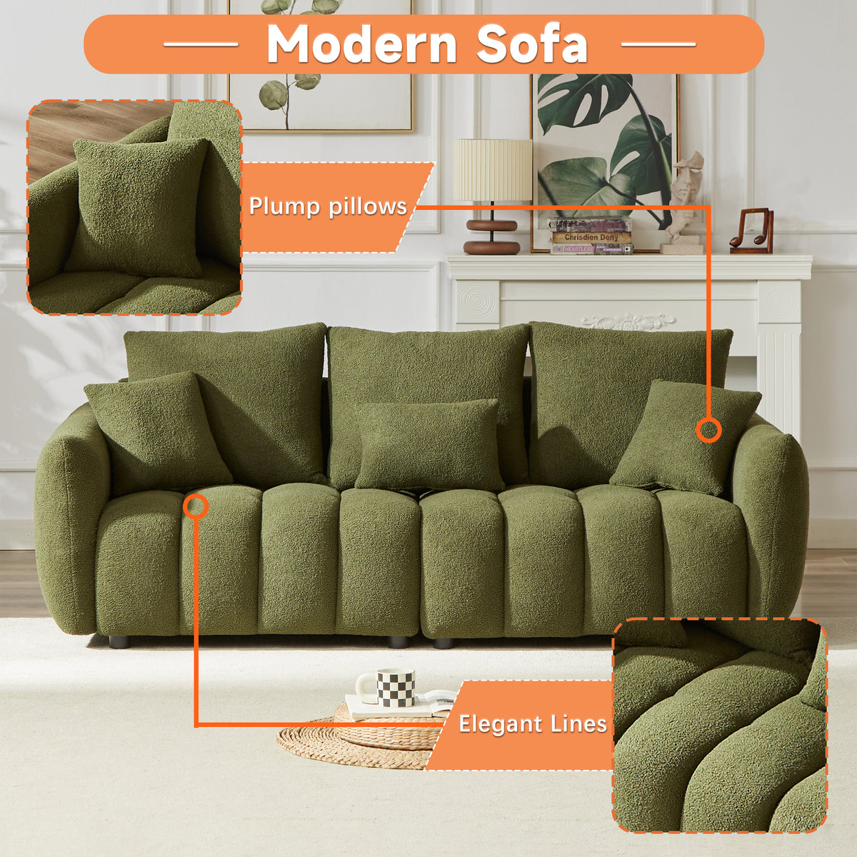 3 Seater 3 Seater Combo Sofa Modern Living Room Sofa, Teddy Sofa, Wooden Frame, 6 Cushions, Apartment Sofa Furniture Green Wood Primary Living Space Pine Foam Fabric 6 Seat