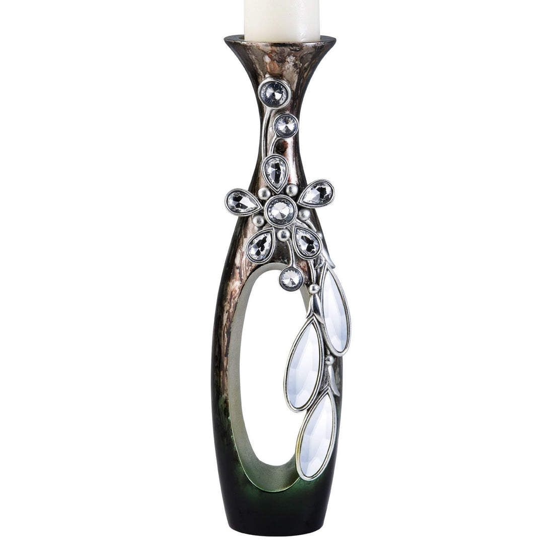 16" Tall Polyresin "Balleria" Candleholder, Crystal And Glass Accent Multicolor Polyresin