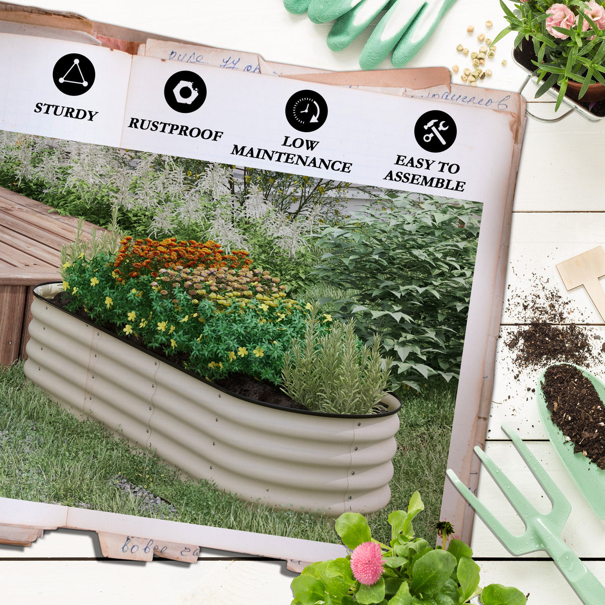 Outsunny 6.5' X 2' X 1.4' Galvanized Raised Garden Bed Kit, Outdoor Metal Elevated Planter Box With Safety Edging, Easy Diy Stock Tank For Growing Flowers, Herbs & Vegetables, Cream Cream White Steel