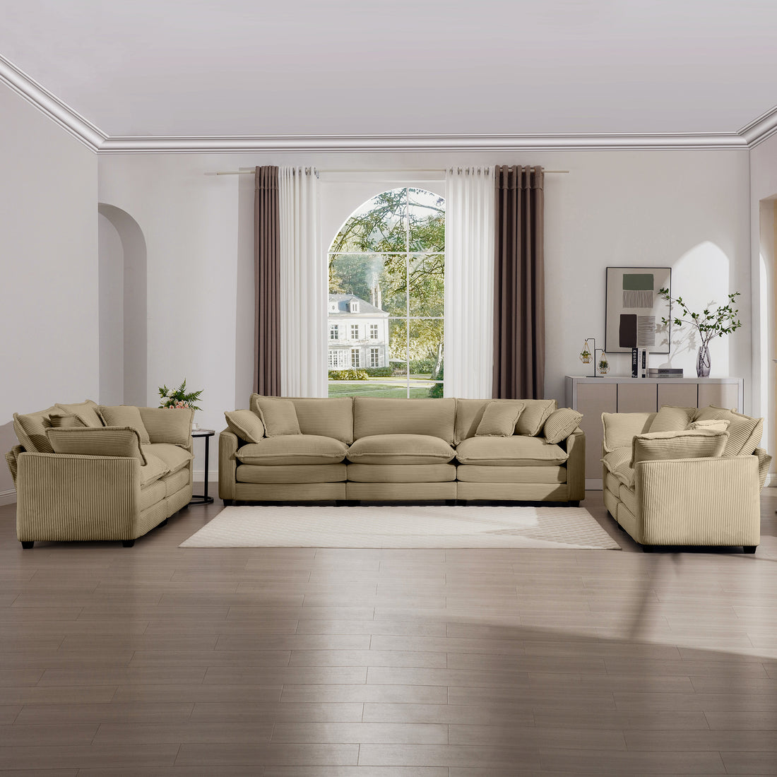 Modern Fabric Living Room Sofa 2 Piece Set, One 2 Seater Sofas, One 3 Seater Sofas Sofa With 8 Cushion Upholstery Large Deep Seat Recliner, Tan Corduroy Fabric Tan Corduroy 7 Seat