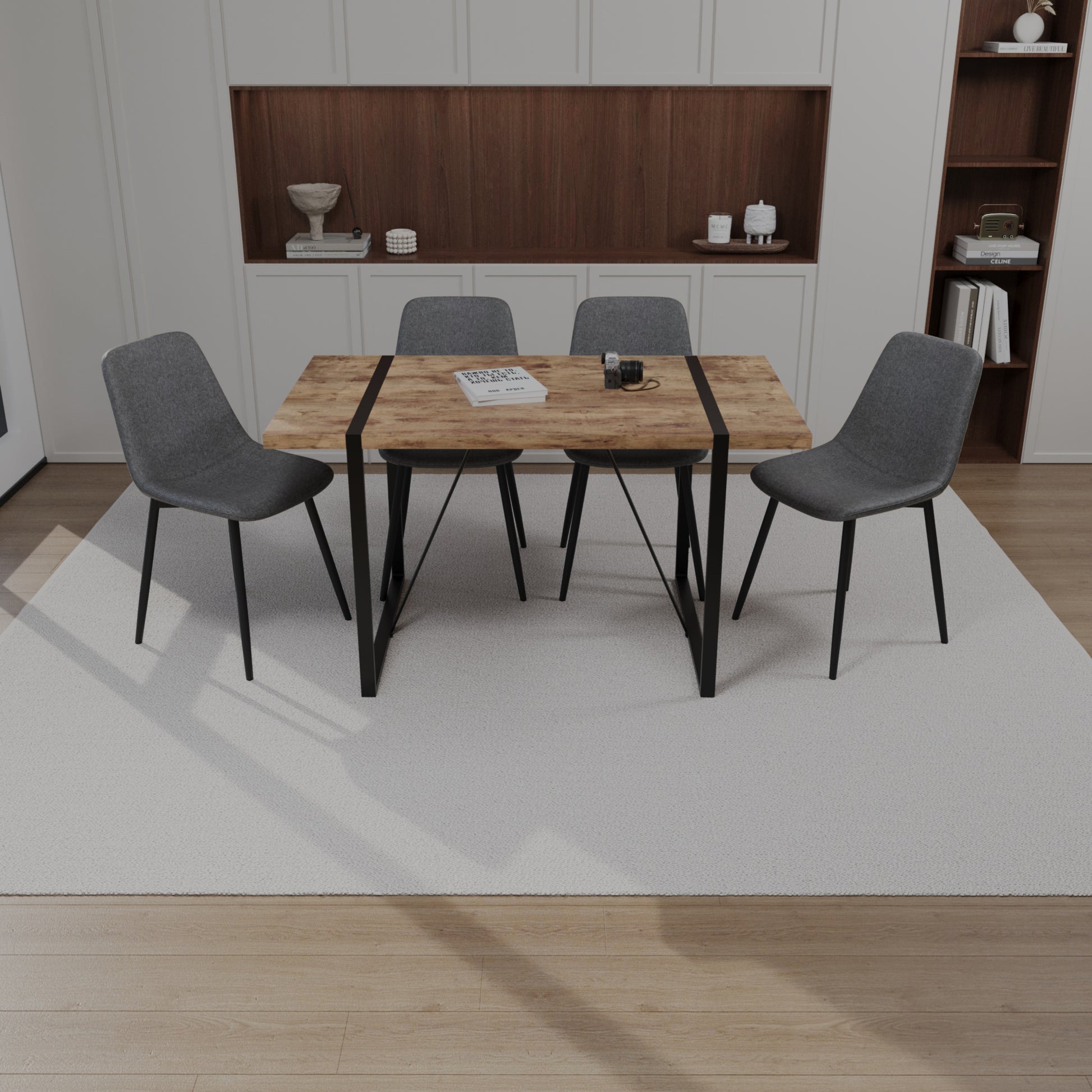 55" Mdf Dark Wood Dining Table And Modern Dining Chair 4 Piece Set, Medieval Wooden Kitchen Dining Table Set, Rectangular Metal Base, Dining Table And Suede Chair Brown Grey Mdf