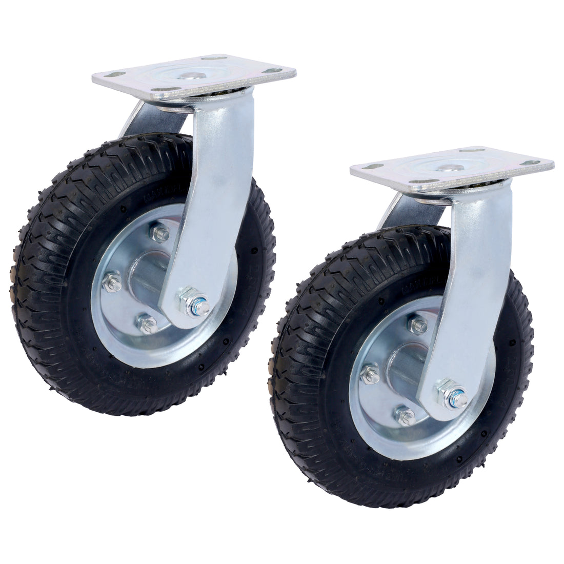2Pcs 8In Caster Pneumatic Tire Swivel, Caster Wheel, Swivel Plate, Steel Hub With Ball Bearings, 5 8 Inch Bore Centered Axle Black Black Rubber