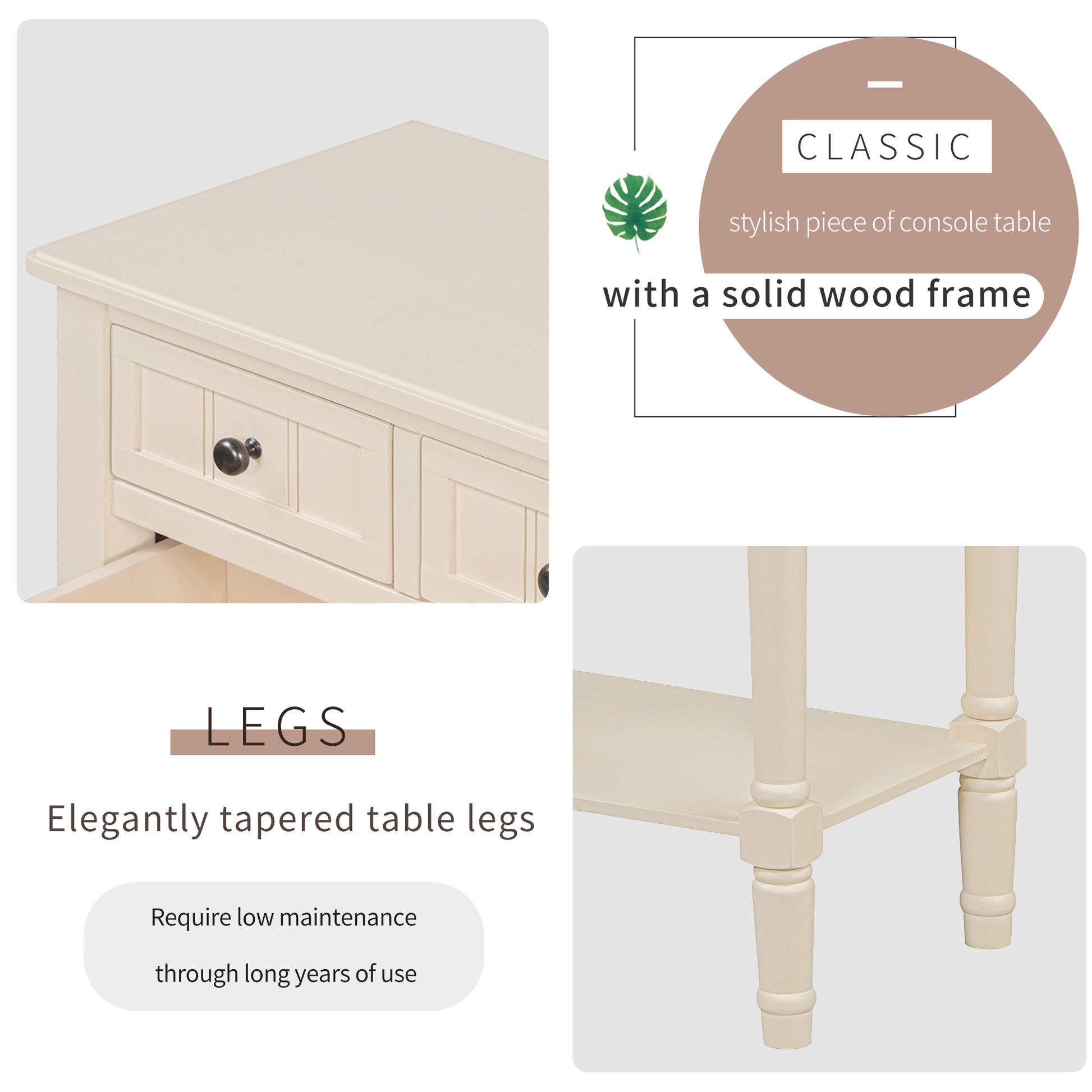 Narrow Console Table, Slim Sofa Table With Three Storage Drawers And Bottom Shelf Beige Beige Solid Wood Mdf