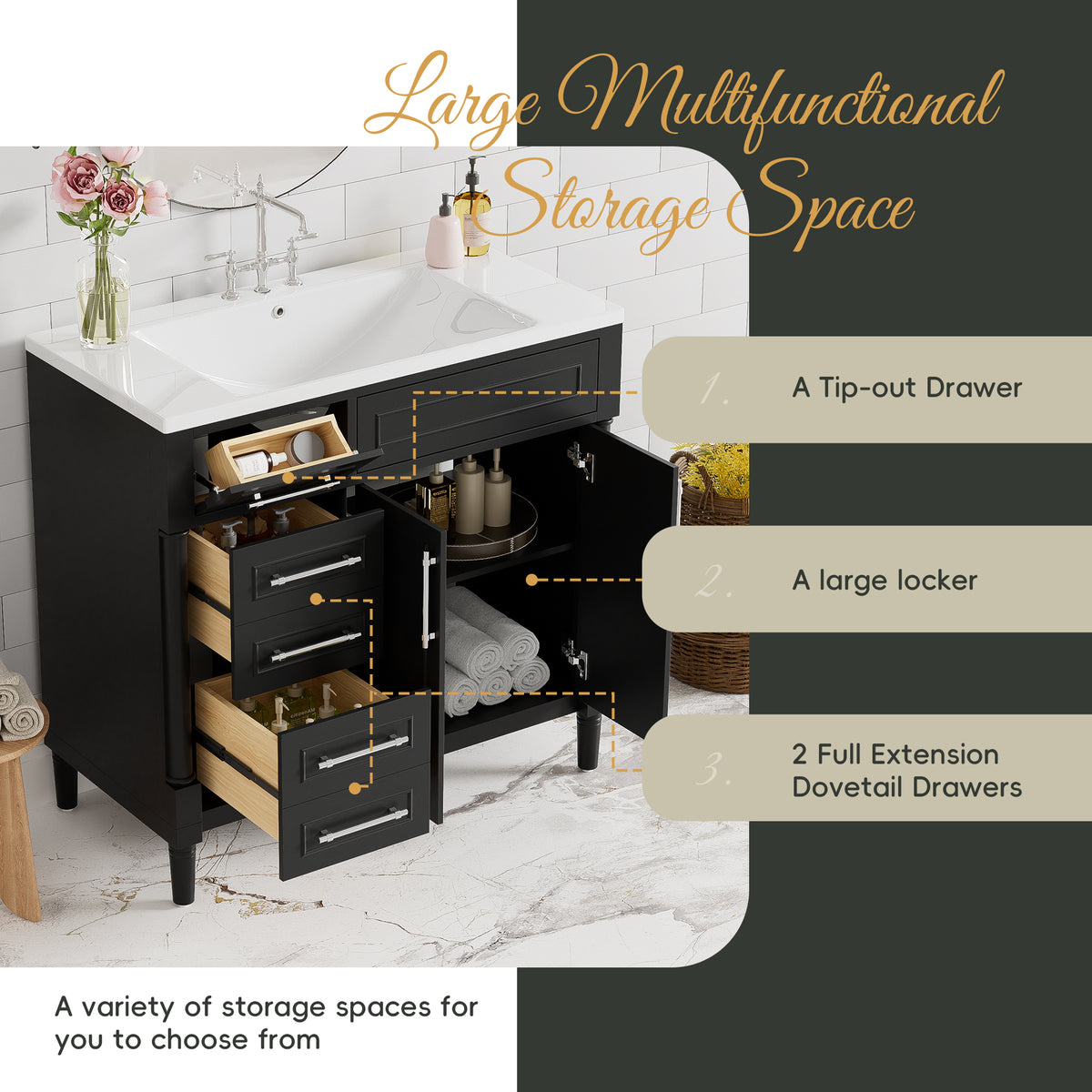 36'' Bathroom Vanity With Top Resin Sink, Freestanding Bathroom Storage Cabinet With 2 Drawers And A Tip Out Drawer, Solid Wood Frame Vanity Set, Height Adjustable Shelf 3 Black 2 2 Adjustable Shelves Bathroom Freestanding Solid Wood Mdf Resin Painted