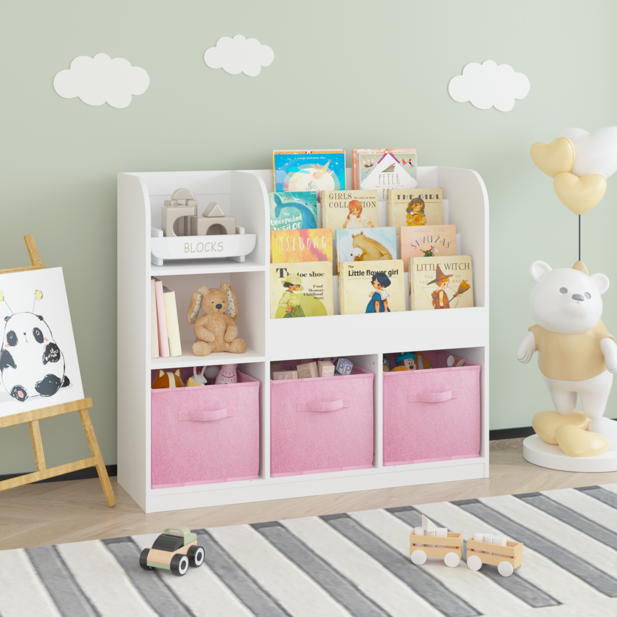 Kids Bookcase And Bookshelf, Multifunctional Bookcase With 3 Collapsible Fabric Drawers, Bookcase Display Stand, Toy Storage Organizer For Bedroom, Playroom, Hallway White Pink White Pink Fabric,Mdf