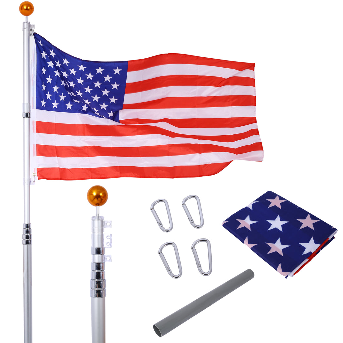 25Ft Telescopic Flag Pole Kit, Sectional Flag Pole Kit, Extra Thick Heavy Duty Aluminum Flagpole, Outdoor Inground Flag Poles With Topper Balls For Yard, Residential Or Commercial Silver Aluminium