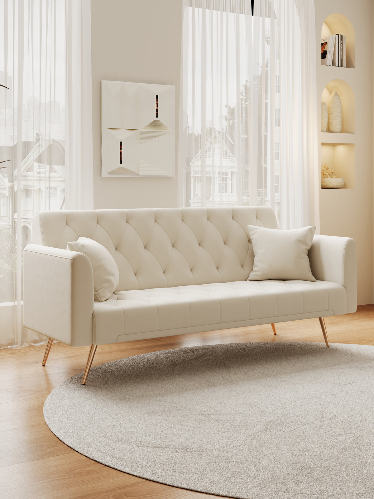 71 Inch Convertibleseat Sofa, American Retro Beige Velvet, Suitable For Small Living Room, Bedroom, Office Beige Velvet 2 Seat