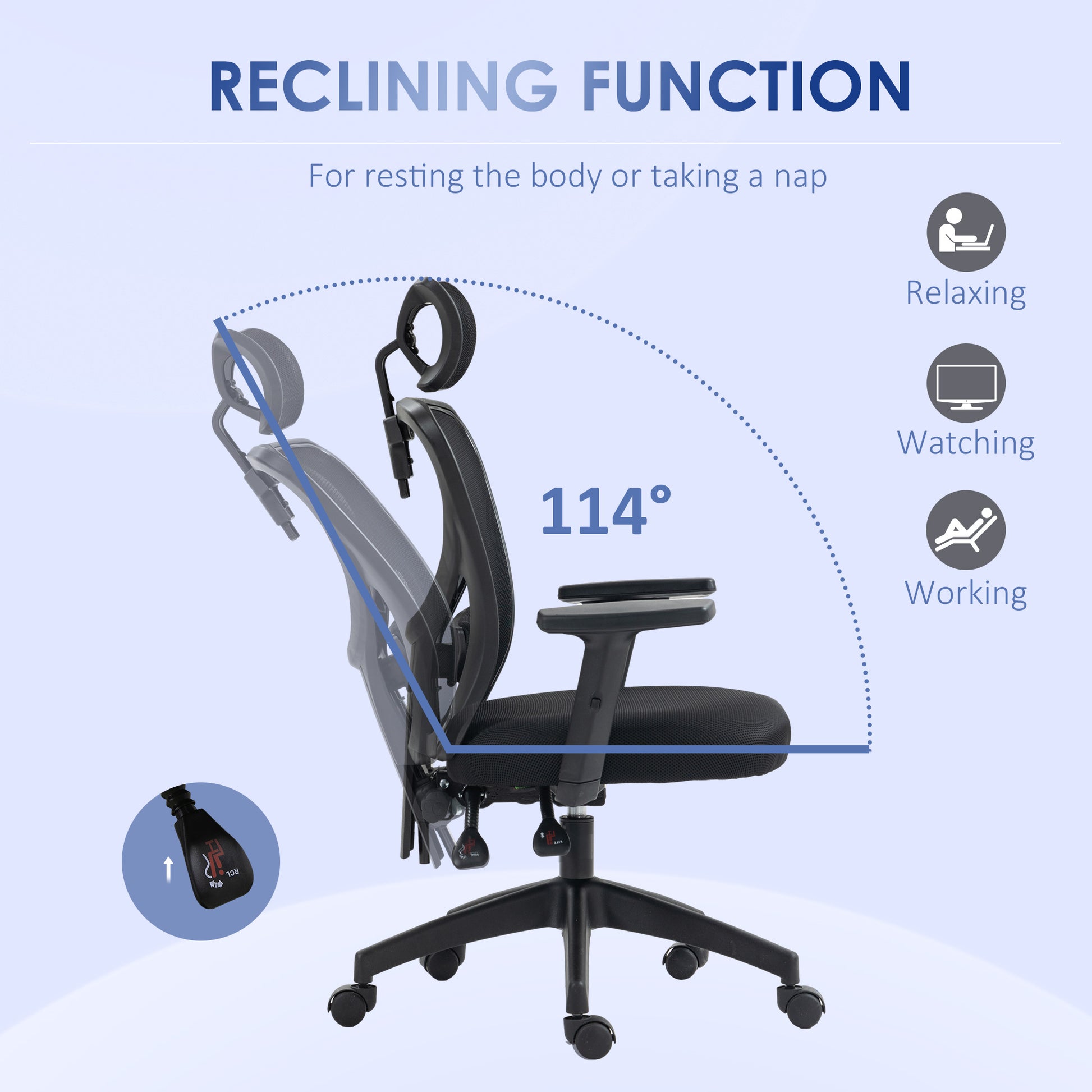 Vinsetto High Back Ergonomic Computer Home Office Chair, Mesh Task Chair With Lumbar Back Support, Reclining Function, Adjustable Headrest, Arms And Height, Black Black Polyester