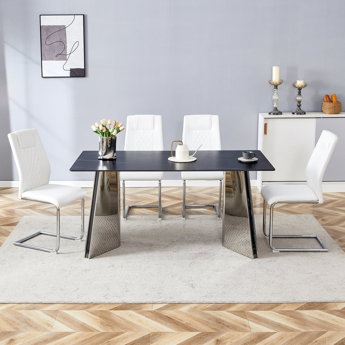 Table And Chair Set.63"X31.5X30" Black Marble Patterned Slabs Tabletop With Stainless Steel Butterfly Legs.Paried With 4 White High Quality Pu Chairs With Silver Metal Legs. White Black Seats 4