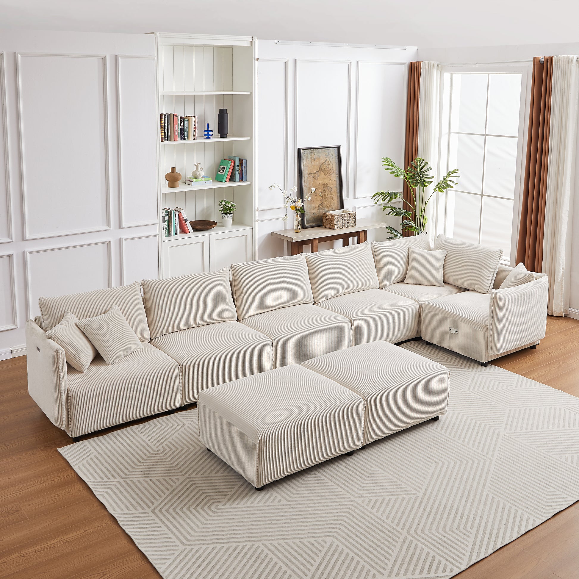 Multi Module Combination Style Sofa For Living Room, Bedroom And Other Lounge Spaces, Modern Minimalist Corduroy Combination Sofa With 2 Comfort Cushions With Usb & C Charging Ports,Beige,Two Sets Beige Foam Fabric 8 Seat