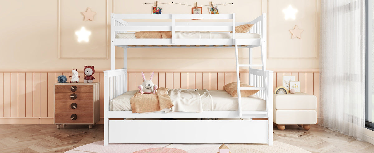 Twin Over Full Rubber Wood Bunk Bed With Trundle, Convertible Ladder And Guardrail, Detachable, Convertible Bed, With Twin Size Trundle ,White Twin White Rubber Wood