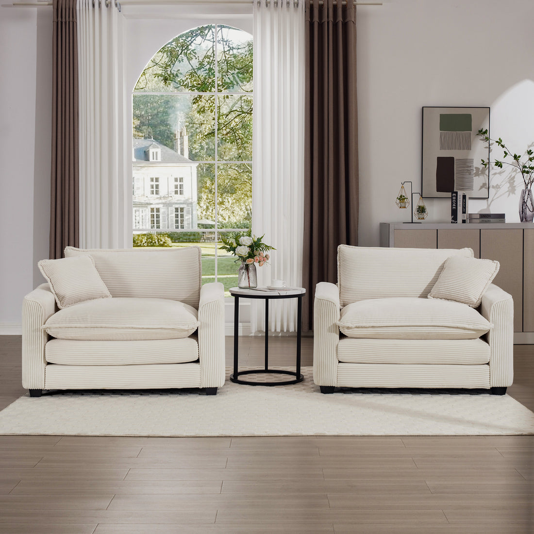 Luxurious And Sophisticated Deep Seated Sofa Set With Two Single Sofas In Light Beige Corduroy Fabric, Set Of 2 Accent Chair For Living Room Beige Corduroy 2 Seat