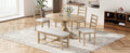 Farmhouse 6 Piece 60Inch Extendable Pedestal Dining Table Set With 18Inch Removable Leaf, 44Inch Bench And 4 Ladder Back Dining Chairs, Natural Wood Dining Room Solid Wood Rubberwood Oval Dining Table With Bench Wood Wood Natural Ladder Back Seats 6 60