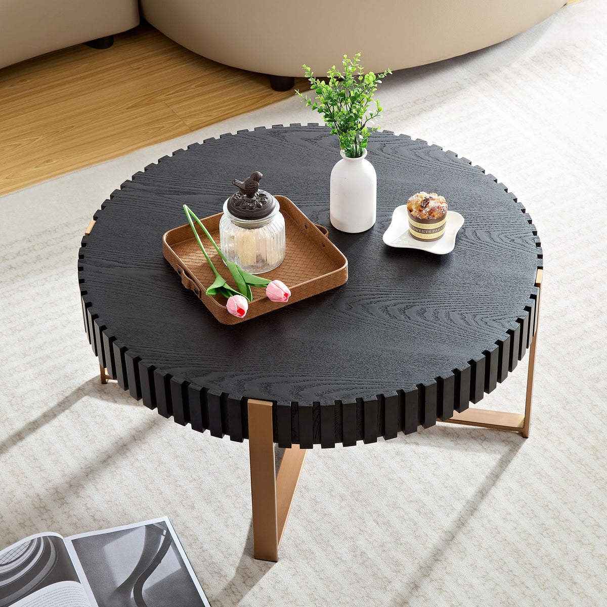 Modern Handcraft Drum Coffee Table 31.5 Inch Round Coffee Table For Living Room,Small Coffee Table With Sturdy Pedestal,Black Matt Black Mdf Metal