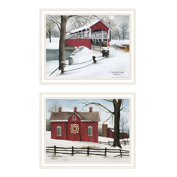2 Piece Vignette Lovers Knot Quilt Barn, Covered Bridge White Framed Wall Art For Living Room, Bedroom Wall Art Print For Home Decor By Billy Jacobs Multi Wood Paper