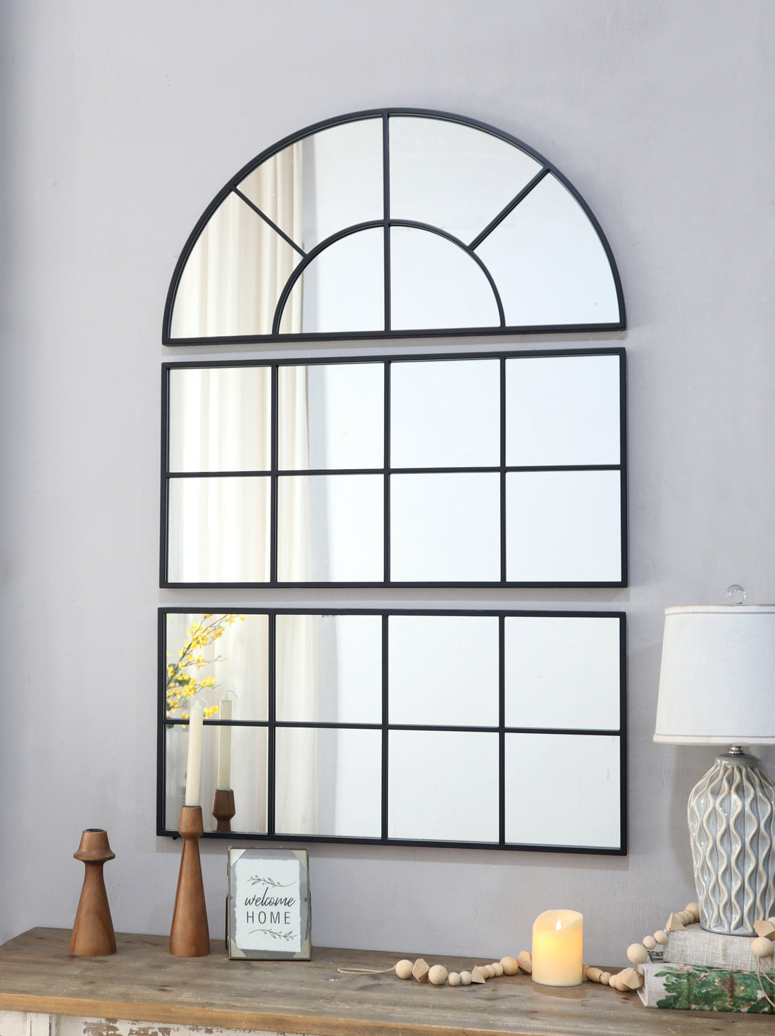 30" X 45" Large Arched Wall Mirror With Three Separate Sections Black Glass Metal