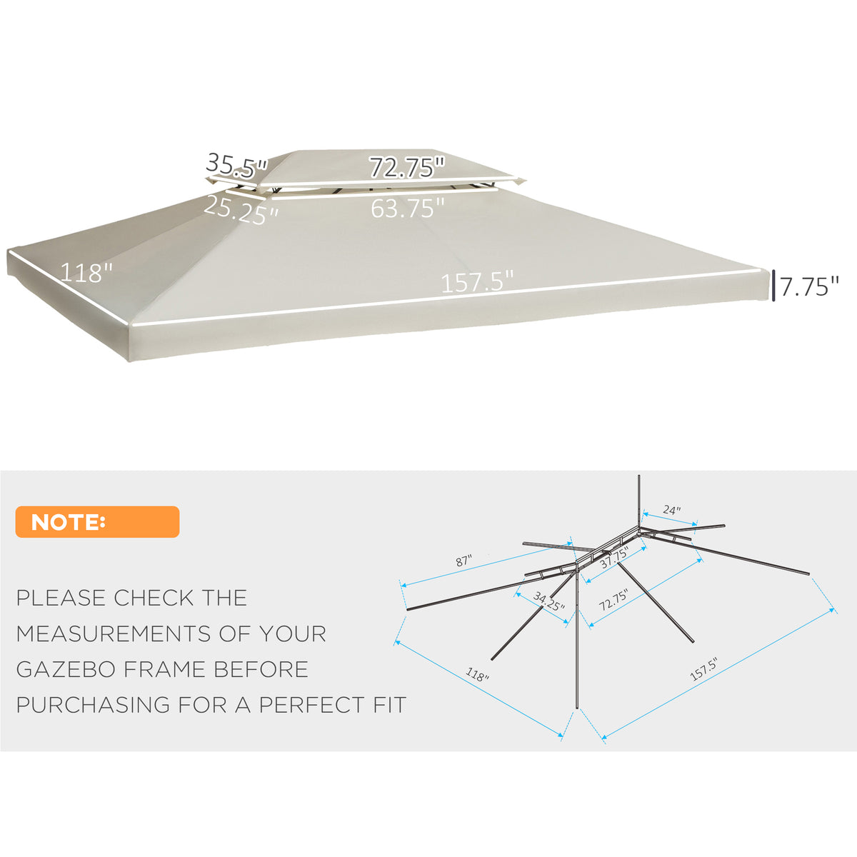 Outsunny 13' X 10' Gazebo Replacement Canopy, 2 Tier Top Uv Cover For 9.84' X 9.84' Outdoor Gazebo, Cream White Top Only Cream White Polyester