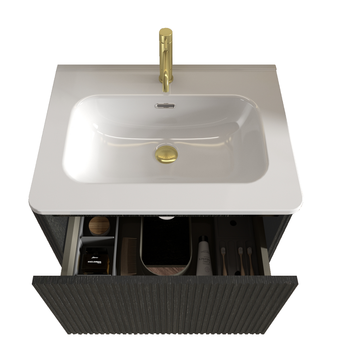U056 Etna24W 308 Etna 24" Striped Brushed Black Oak Floating Bathroom Vanity With White Ceramic Sink, Bathroom Vanity For Modern Bathroom, One Piece White Sink Basin Without Drain, Pre Assembled