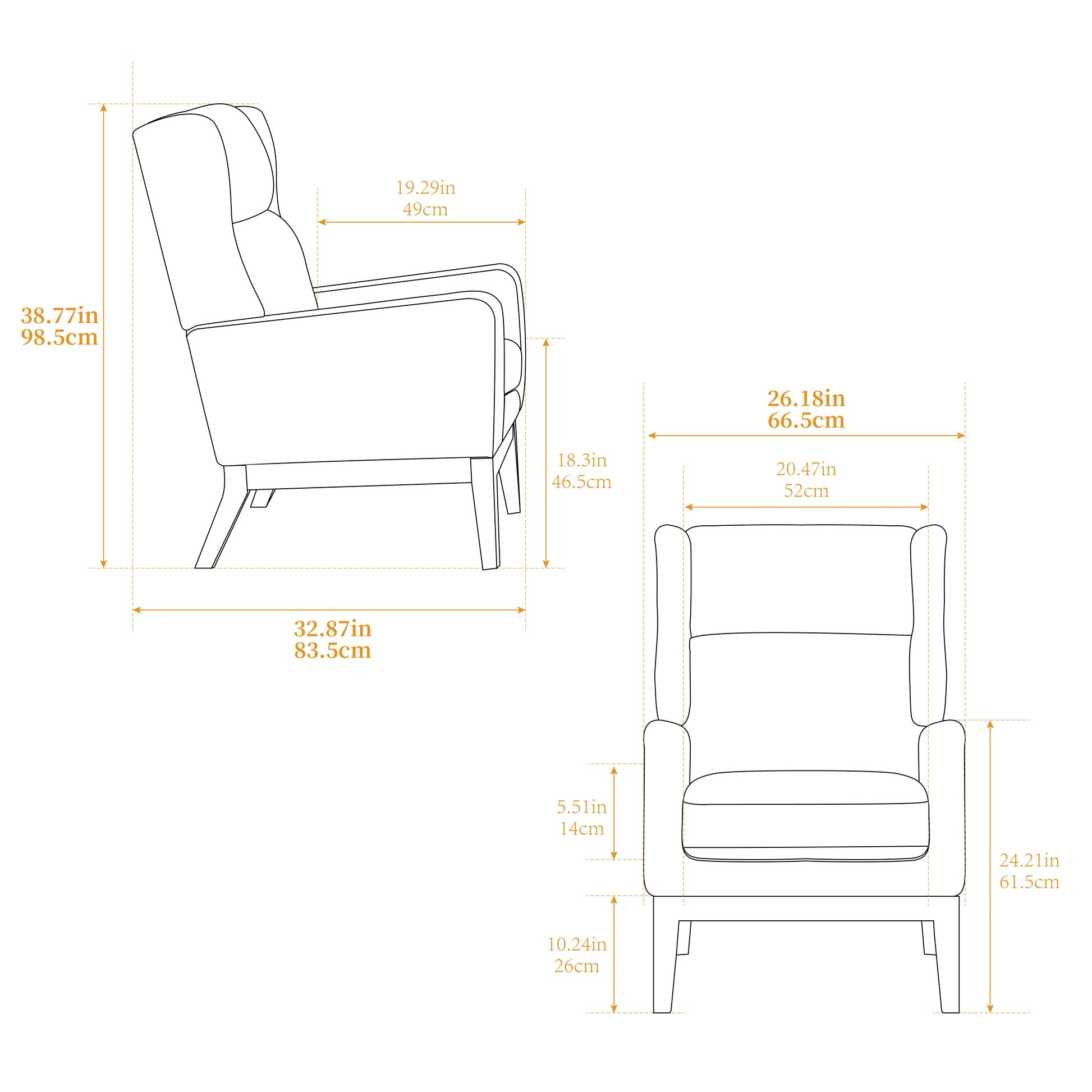 26.18" Wide Modern Accent Chair,Polyester Blend High Back Reading Chair ,Upholstered Armchair Club Chair,Single Sofa With Wood Legs For Living Room,Bedroom,Reading Room,Office,Orange Orange Foam