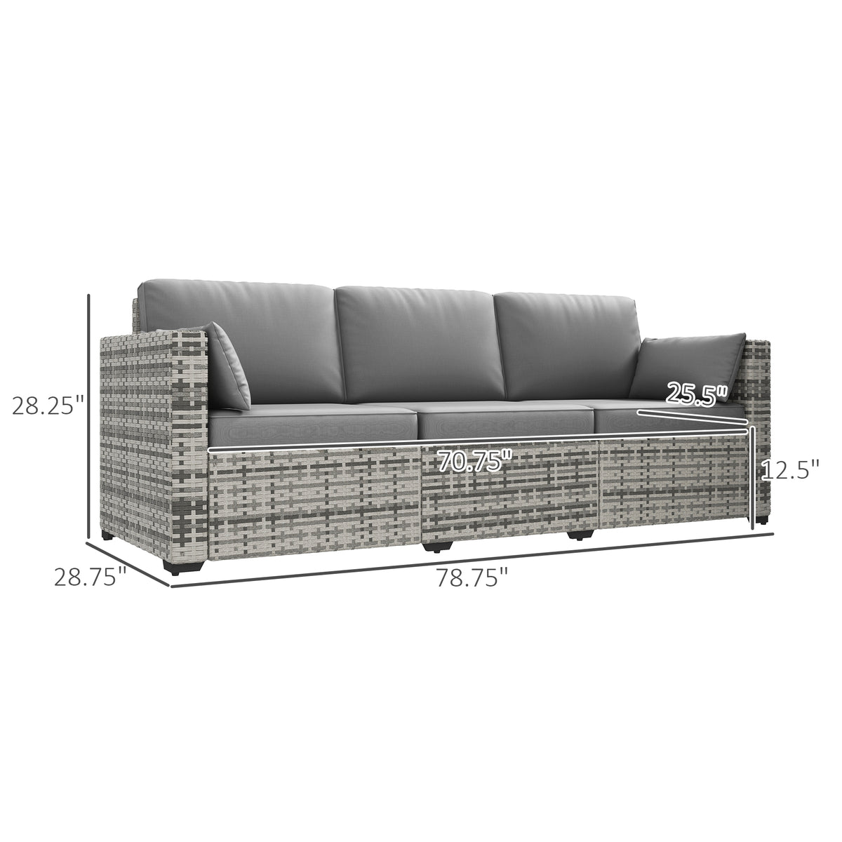 Outsunny Wicker Patio Couch, Pe Rattan 3 Seat Sofa, Outdoor Furniture With Deep Seating, Cushions, Steel Frame, Gray Gray Steel