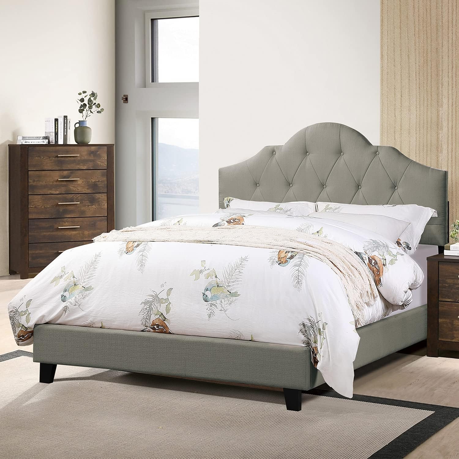 Majestic Arch 1Pc Queen Size Bed Adjustable Hb Grey Polyfiber Tufted Upholstered Wooden Bedframe Bedroom Furniture Box Spring Not Required Queen Gray Espresso Wood Bedroom
