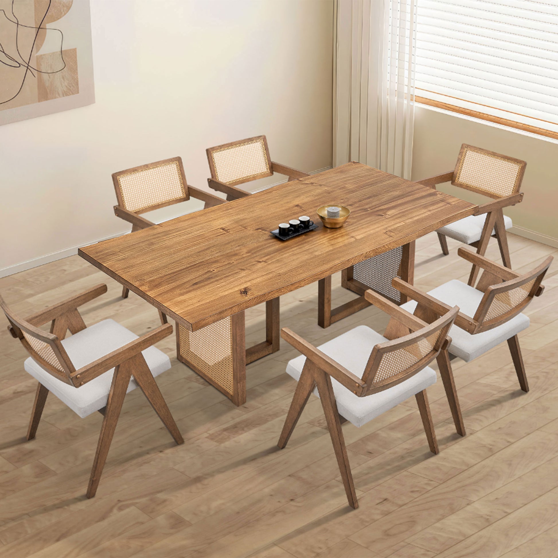 86.61 Inch Oversize Rectangular Waves Dining Table,Wooden Dining Table For 6 Persons,Mid Century Modern Large Kitchen Table For Living Room,Bohemian Dining Table With Rattan Weave For Restaurant Oak