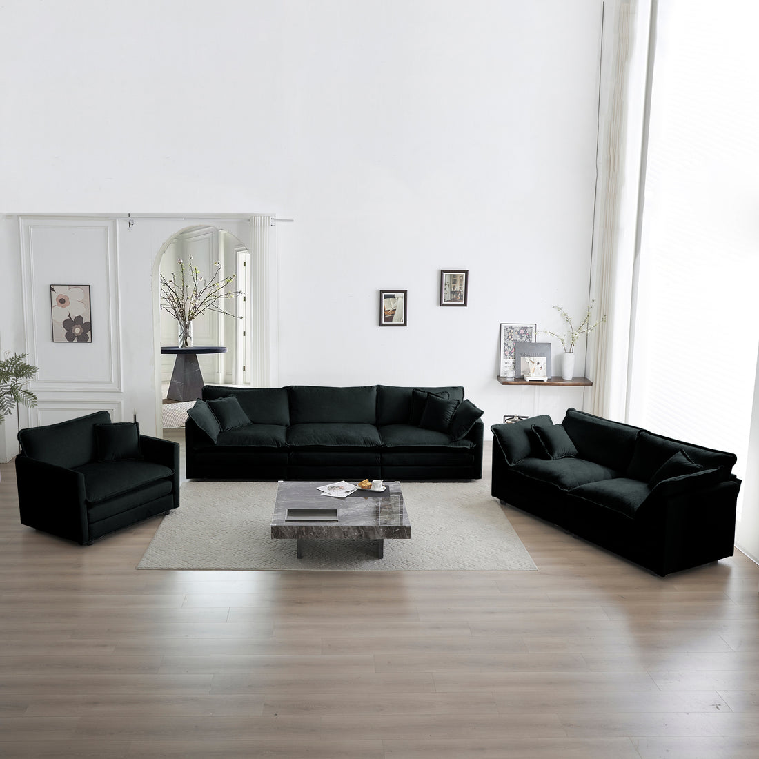 Modern Sofa Couch, 3 Piece Set Extra Deep Seat Sectional Sofa For Living Room, Oversized Sofa, 3 Seat Sofa, Loveseat And Single Sofa, Black Chenille Green Chenille 6 Seat