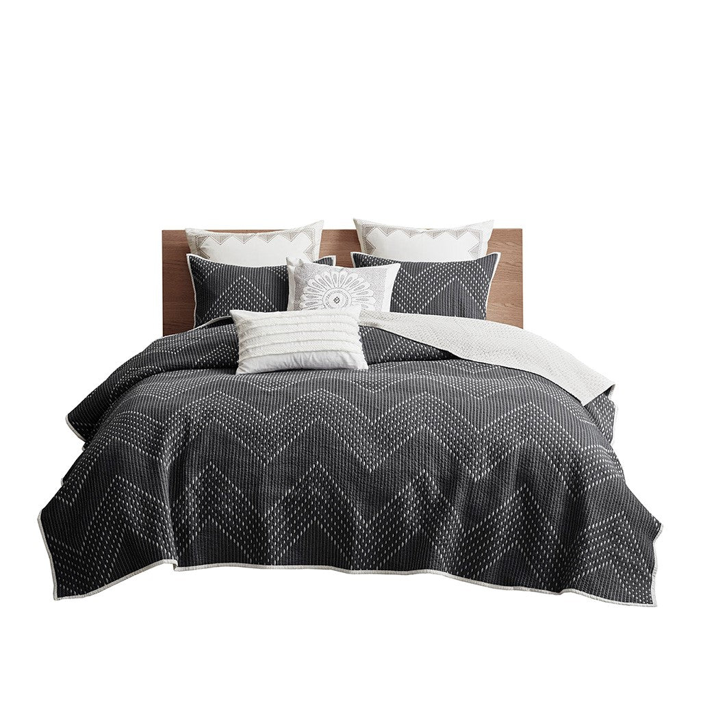 3 Piece Embroidered Cotton Quilt Set Black Full Queen Queen Black Cotton