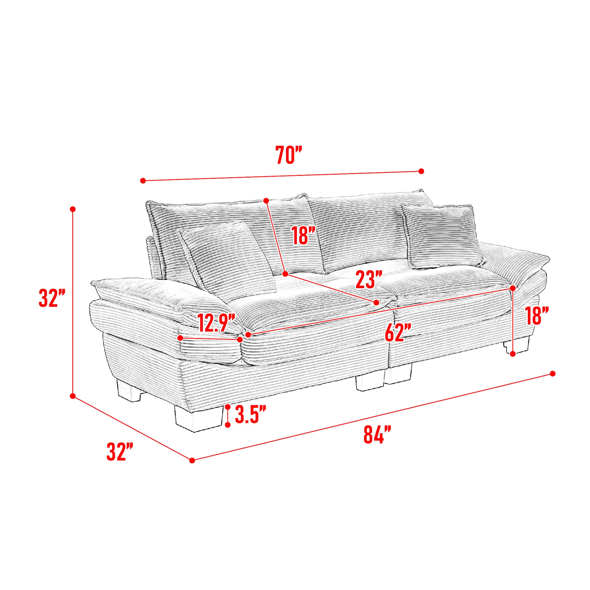 Corduroy Sofa Sleeper Couch Loveseat Sofa With Pillows Comfy Upholstered Deep Seat Sofa For Bedroom,Living Room,Apartment,Office,Dorm Blue Corduroy Blue Foam Upholstered 2 Seat