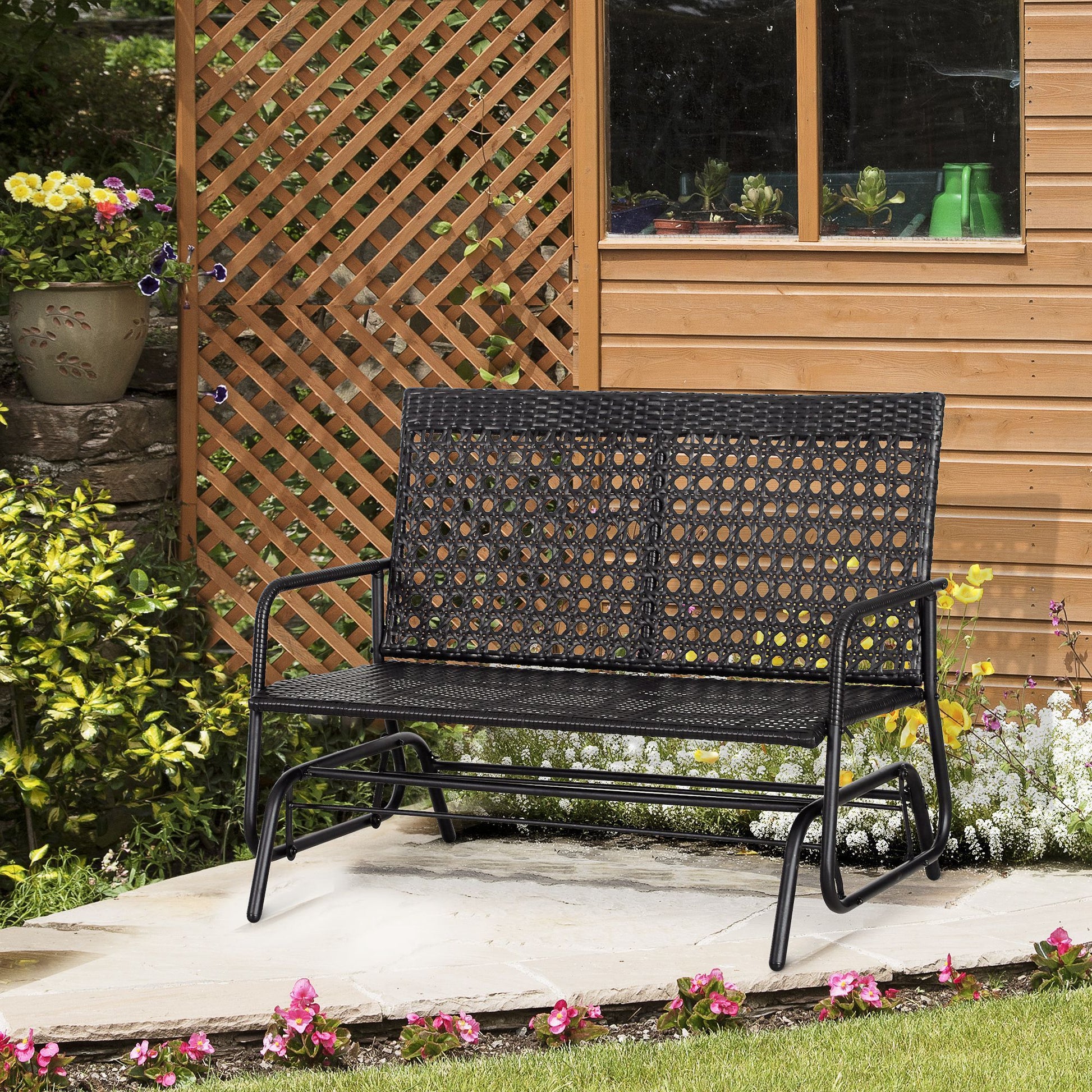 Outsunny Patio 2 Person Wicker Glider Bench Rocking Chair, Outdoor All Hand Woven Pe Rattan Loveseat W Ergonomic Design Rocking System For Patio, Garden, Porch, Lawn, Black Black Steel