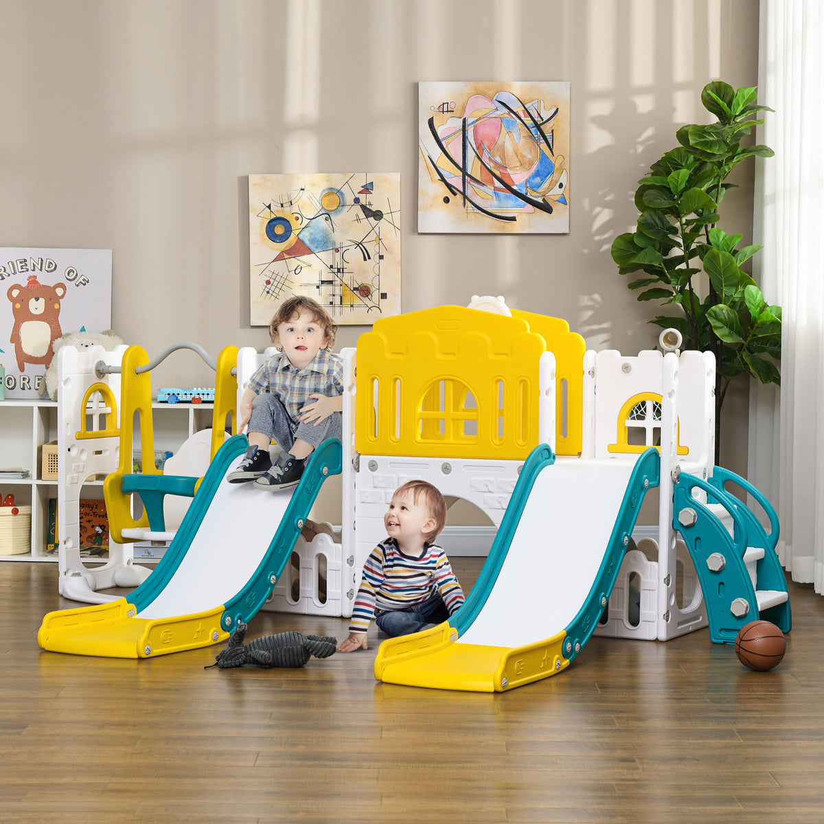 Qaba 8 In 1 Toddler Slide And Swing Set With 2 Slides, Baby Slide For Ages 1 3 With Basketball Hoop, Climber, Aisle, Steering Wheel, Storage Space, Telescope, Indoor Playground, Yellow Yellow