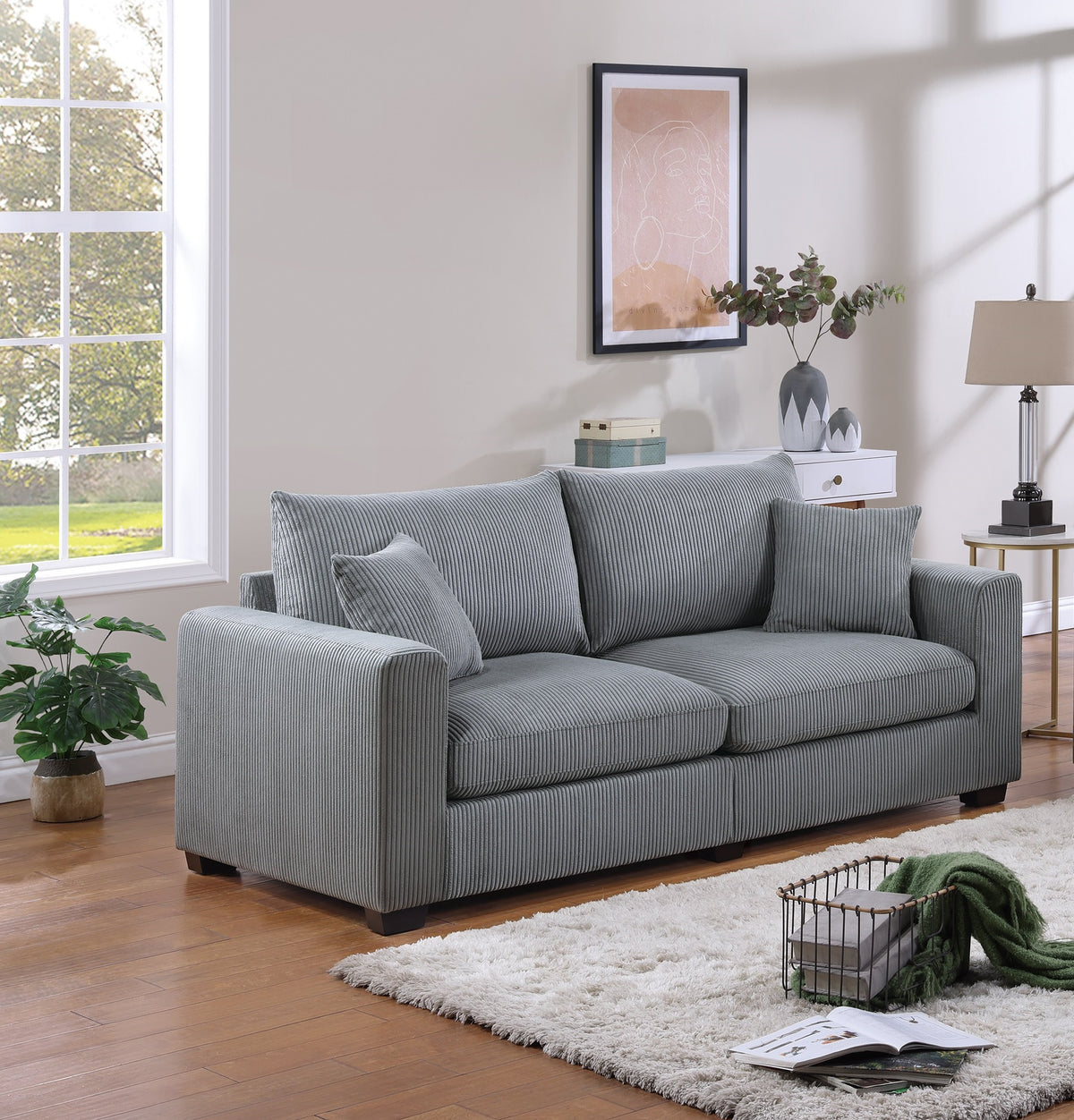 Classic Living Room 2Pc Sofa Set Fog Corduroy Sofa And Loveseat W Pillows Square Arms Plush Couch Fog Primary Living Space Cushion Back Classic,Contemporary,Modern Rubberwood Square Arms Corduroy 4 Seat