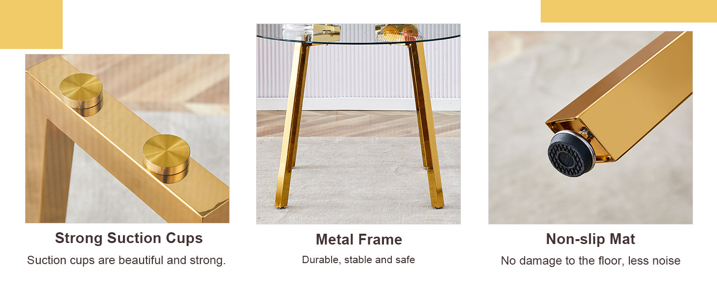 Table And Chair Set.A Modern Minimalist Style Round Clear Tempered Glass Table With Metal Legs.Paried With White Chairs With Modern Pu Leather High Back Upholstered And C Tube Golden Legs. Transparent Seats 6 Glass