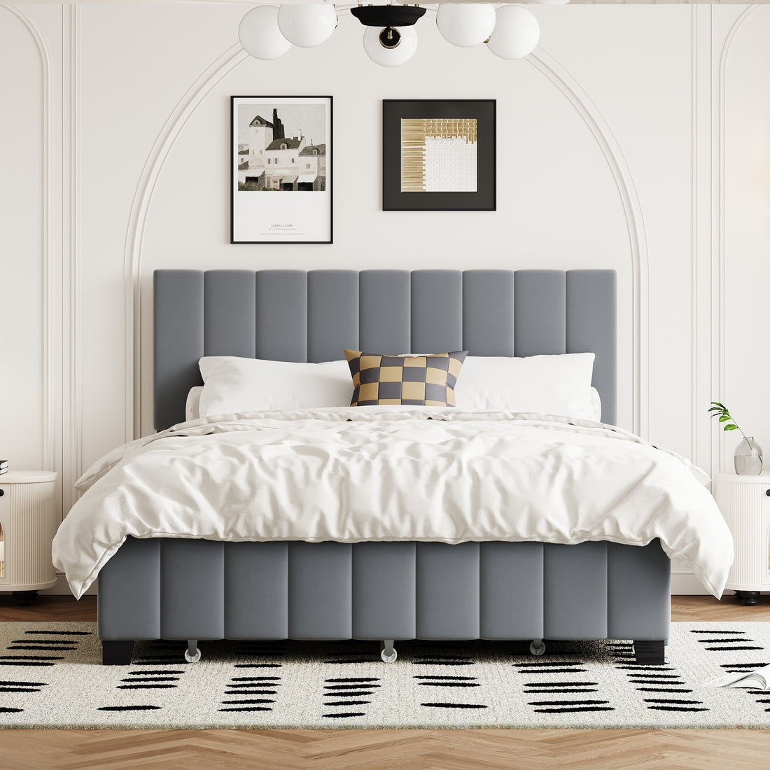 Queen Size Velvet Upholstered Platform Bed With 2 Drawers And 1 Twin Xl Trundle Gray Queen Gray Upholstered