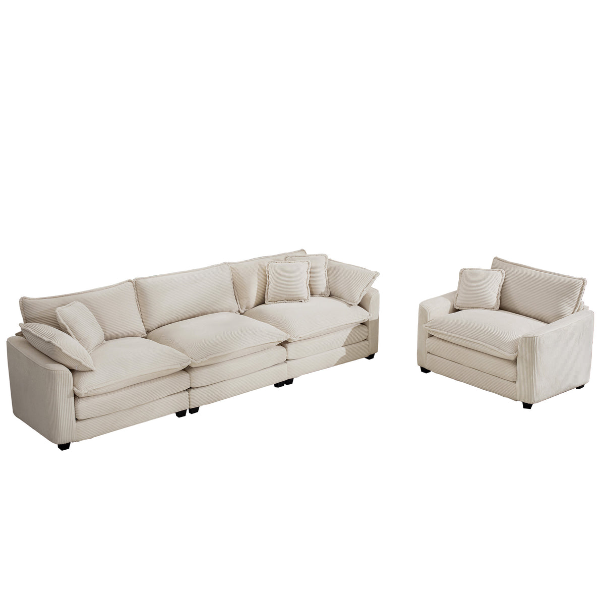 Mid Century Modern Set Of 2 Sofas With One 3 Seater Sofa And One Single Accent Chair, Light Beige Corduroy Fabric Beige Corduroy 4 Seat