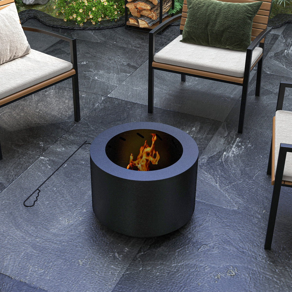 Outsunny Smokeless Fire Pit, 19" Portable Wood Burning Firepit With Poker, Low Smoke Camping Bonfire Stove For Backyard Patio Picnic, Stainless Steel, Black Black Steel