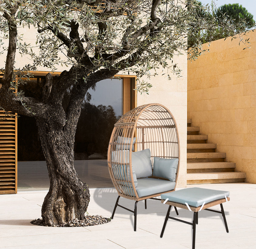 Outdoor Garden Wicker Egg Chair And Footstool Patio Chaise, With Cushions, Outdoor Indoor Basket Chair Yes Blue Neutral Seats 2 Garden & Outdoor European,Modern Steel