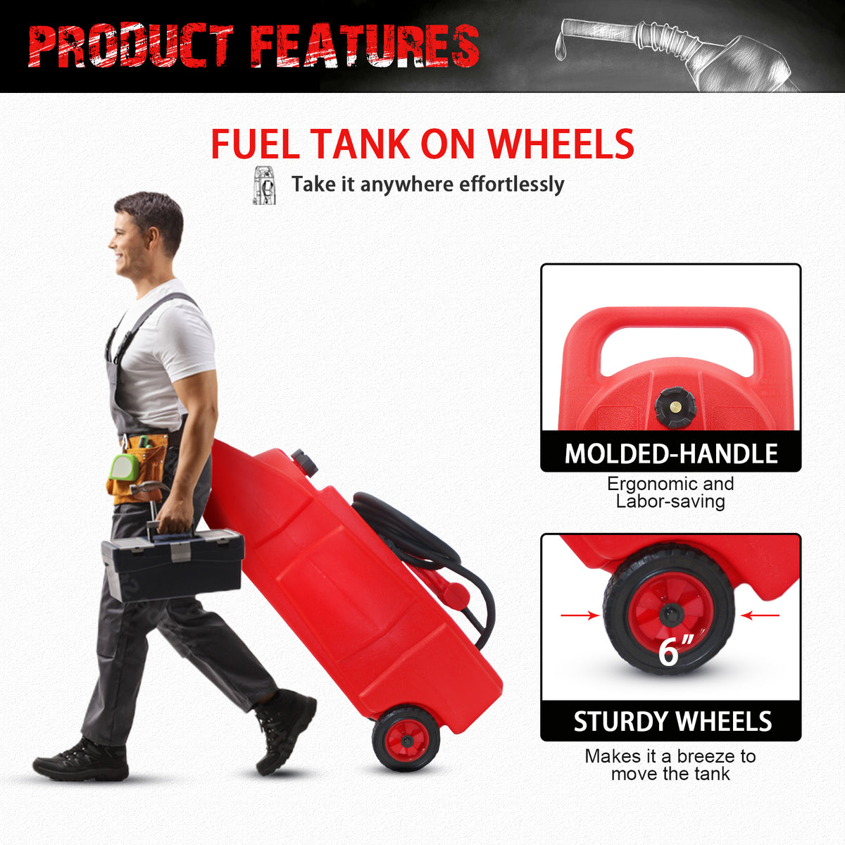 15 Gallon 57 L Gas Caddy With Wheels, Fuel Transfer Tank Gasoline Diesel Can,Fuel Storage Tank For Automobiles Atv Car Mowers Tractors Boat Motorcycle Red Red Hdpe