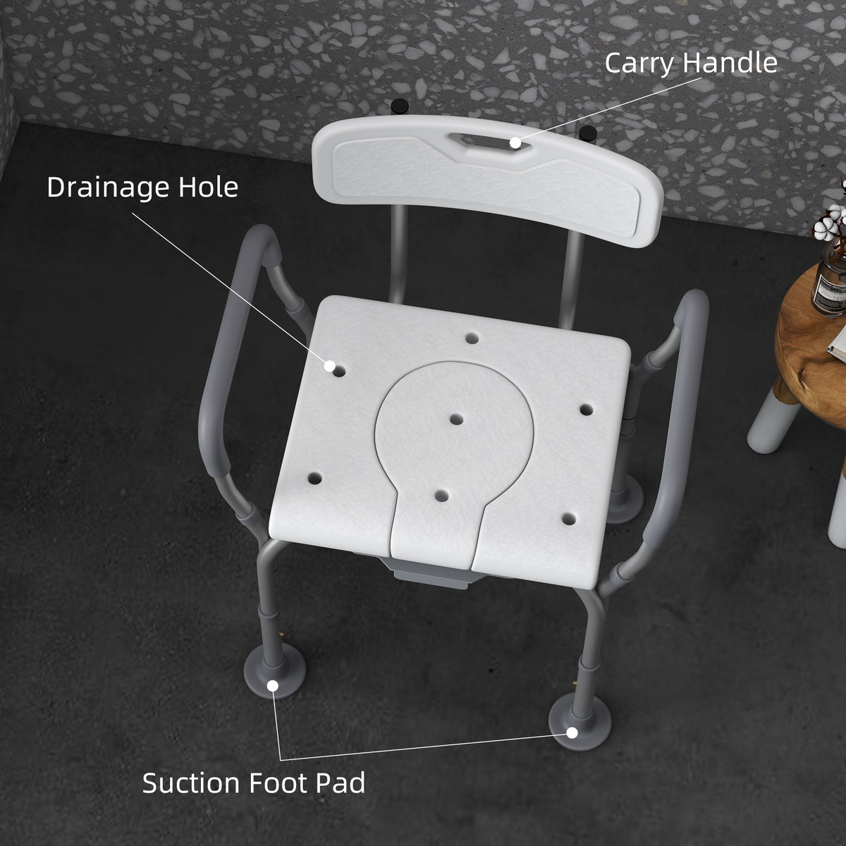 Homcom 3 In 1 Shower Chair With Back And Arms, Height Adjustable Bedside Commode, Raised Toilet Seat With Non Slip Rubber Foot Pad For Seniors, Disabled, White White Aluminum