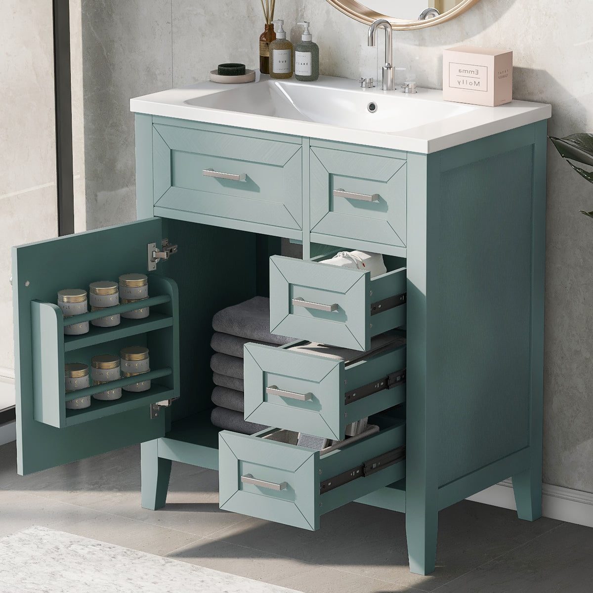 30" Bathroom Vanity With Sink Combo, Green Bathroom Cabinet With Drawers, Solid Frame And Mdf Board Old Sku:N725S999222F Green Solid Wood Mdf