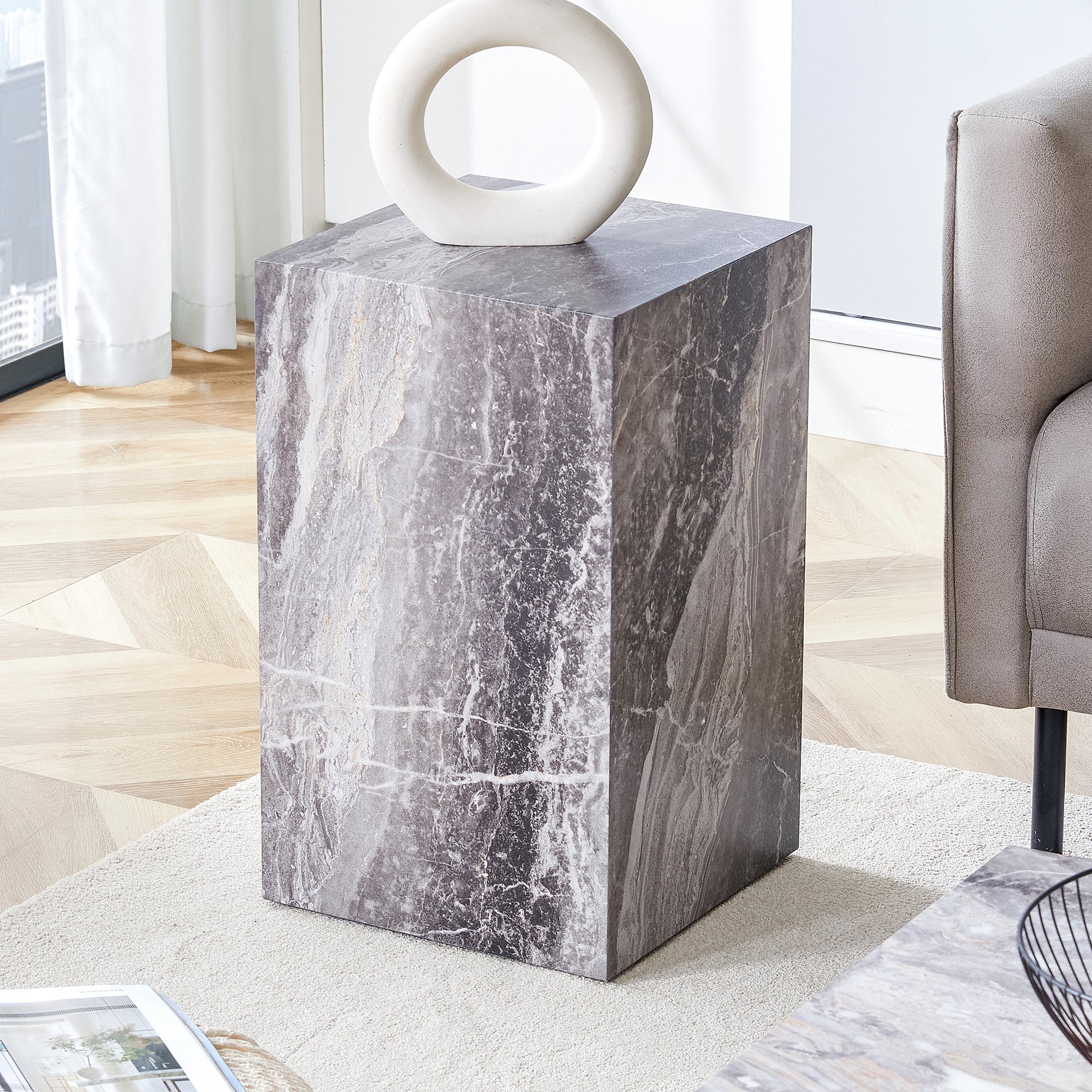 Elevate Your Living Space With This Modern Mdf Coffee Table, Which Showcases Gray Textured Patterns. It Is Characterized By Stylish Design. Grey Mdf