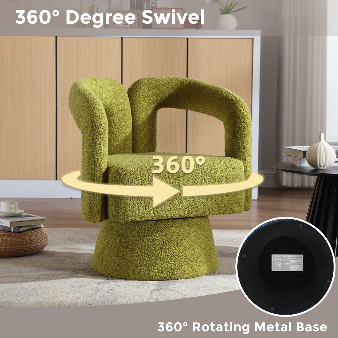 Coolmore 360 Degree Swivel Cuddle Barrel Accent Chairs, Round Armchairs With Wide Upholstered, Fluffy Fabric Chair For Living Room, Bedroom, Office, Waiting Rooms Olive Green Boucle Olive Green Foam Boucle