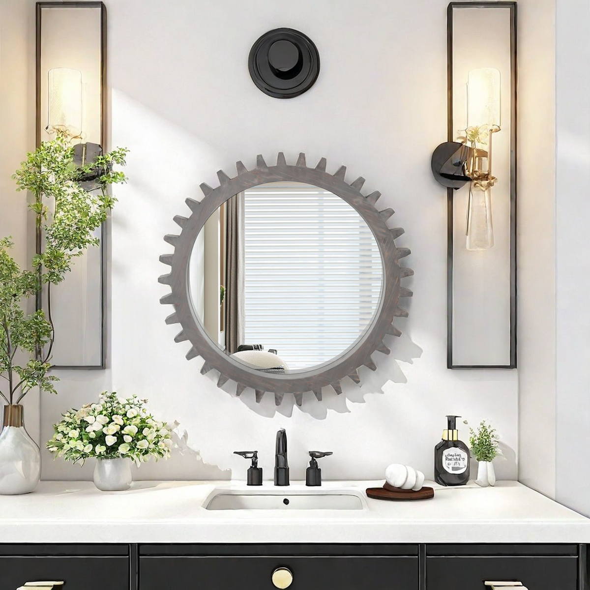 Vintage 34'' X 34'' Wood Round Hanging Gear Shape Heavy Decorative Mirror For Bathroom Living Room Entryway Or Put Together To Your Liking Antique Dark Brown Dark Brown Glass Mirror